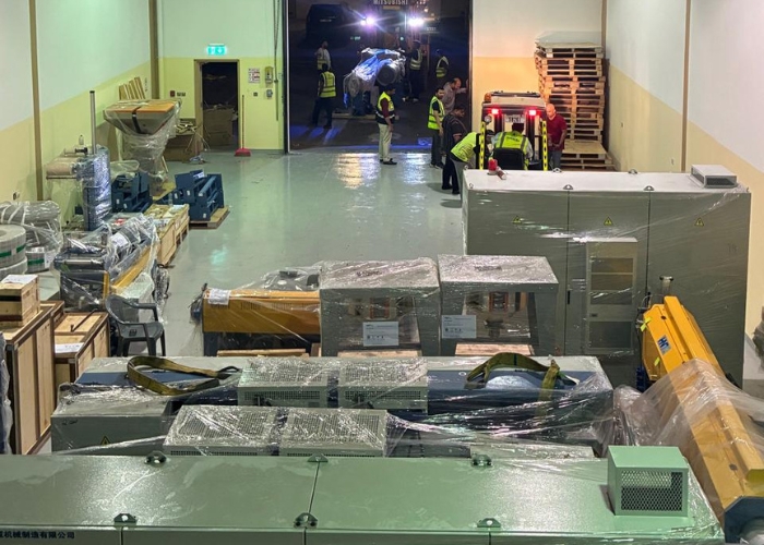 Project cargo logistics from China to Ras Al Khaimah showing freight forwarding, warehouse storage, and cargo handling.